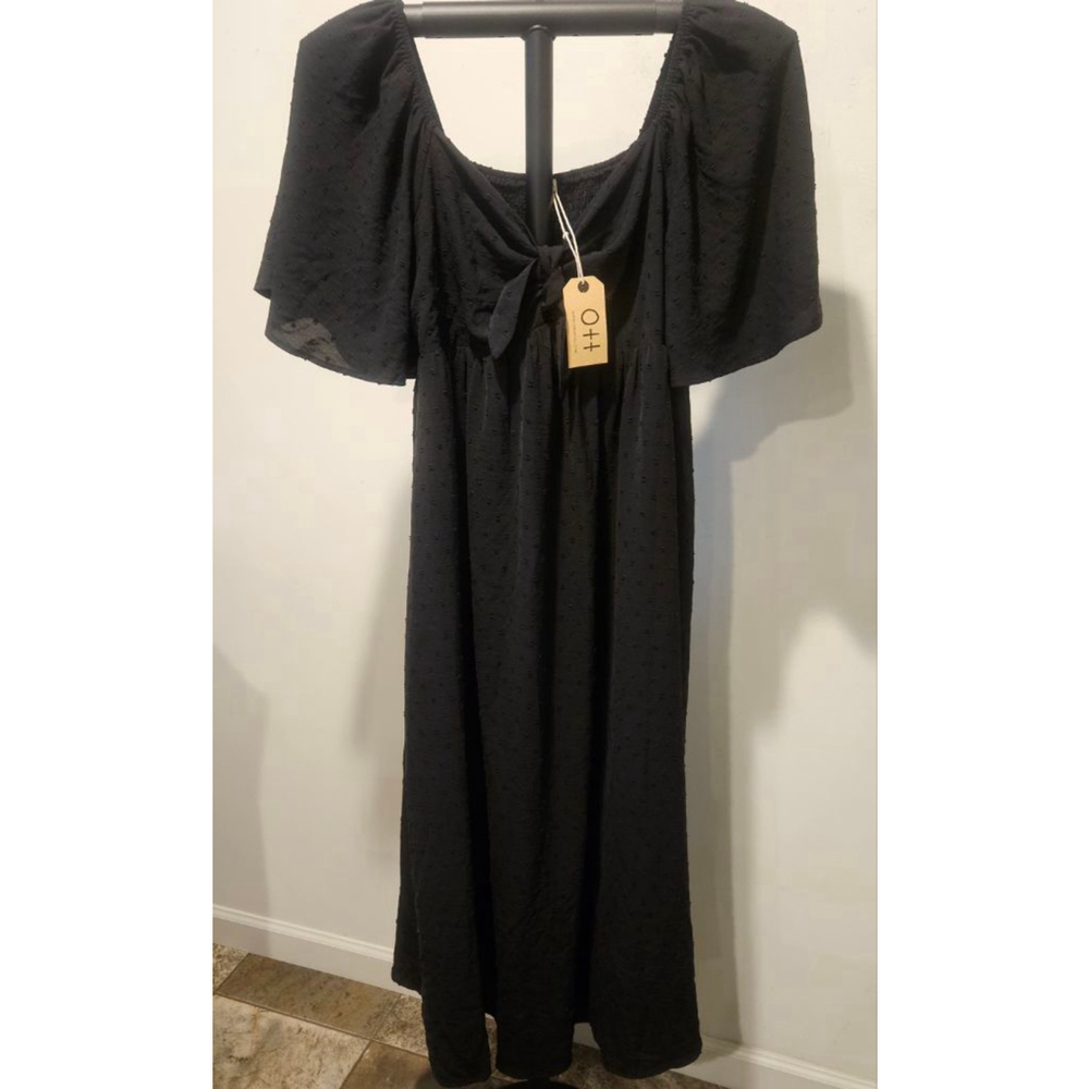 Women's NWT Ott Swiss Dot Maternity Midi Dress Front Tie Size L Black